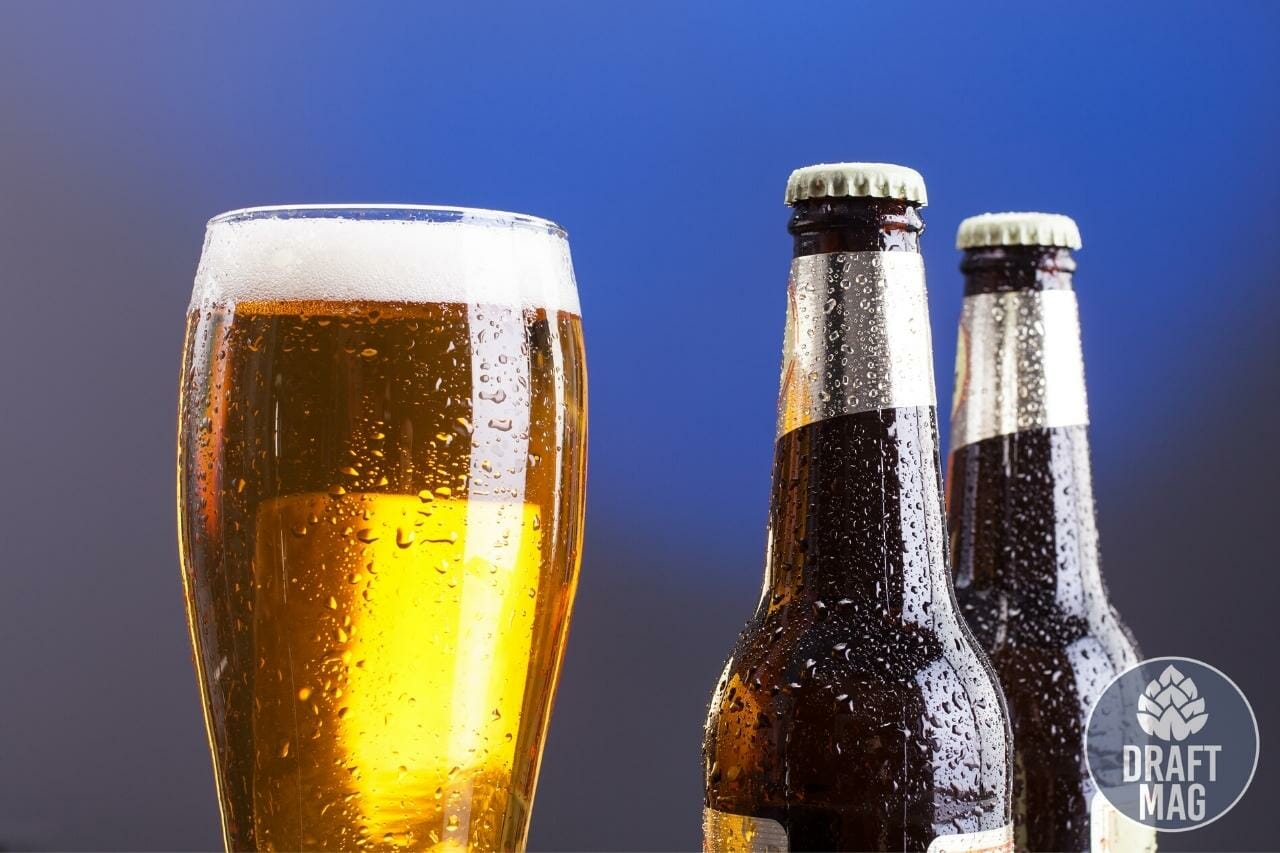 Low or free purine beers in a glass and bottles