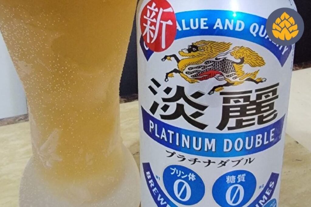 glass of Kirin Tanrei Platinum Double beer and a can