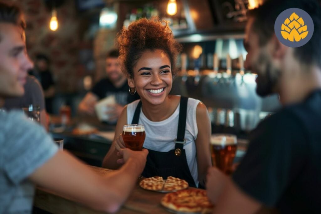 Pizza and Beer Pairing lady with friends 