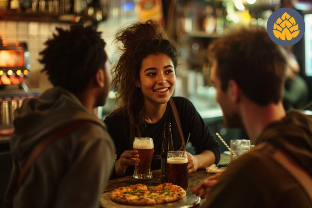 Pizza and Beer Pairing lady with friends 